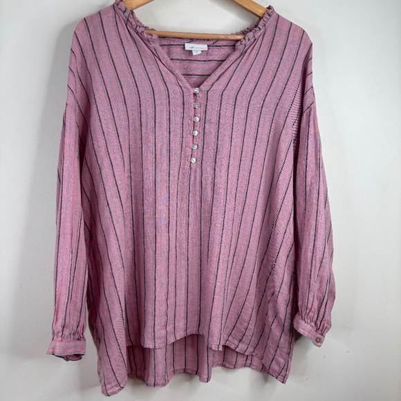J Jill Linen Top L TALL Pink Stripe Long Sleeve Lightweight Preppy Lagenlook - Picture 1 of 9